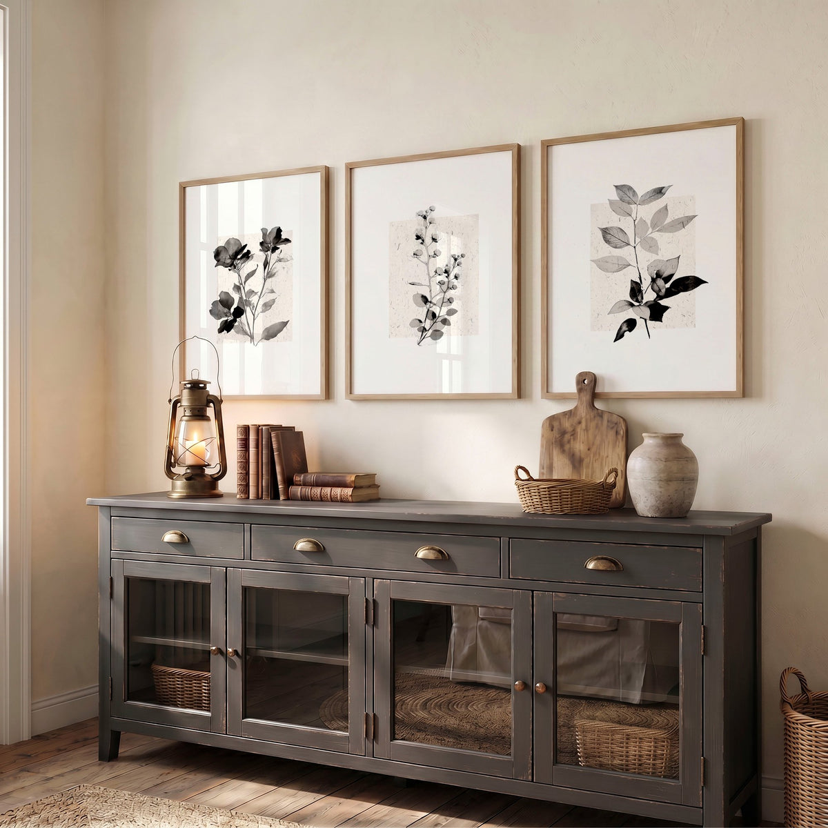 Wall Pictures for Hallway French Country Botanical Floral Ivory Grey Art wall art displayed on a wall in a styled room — view 4