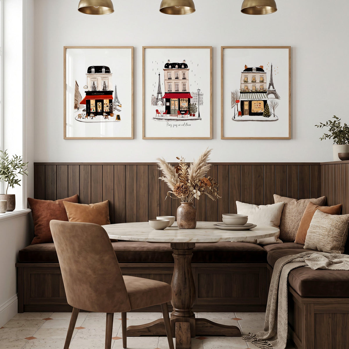 Paris Wall Pictures | Beige, Black & Red Winter Street Scene Art wall art displayed on a wall in a styled room — view 3