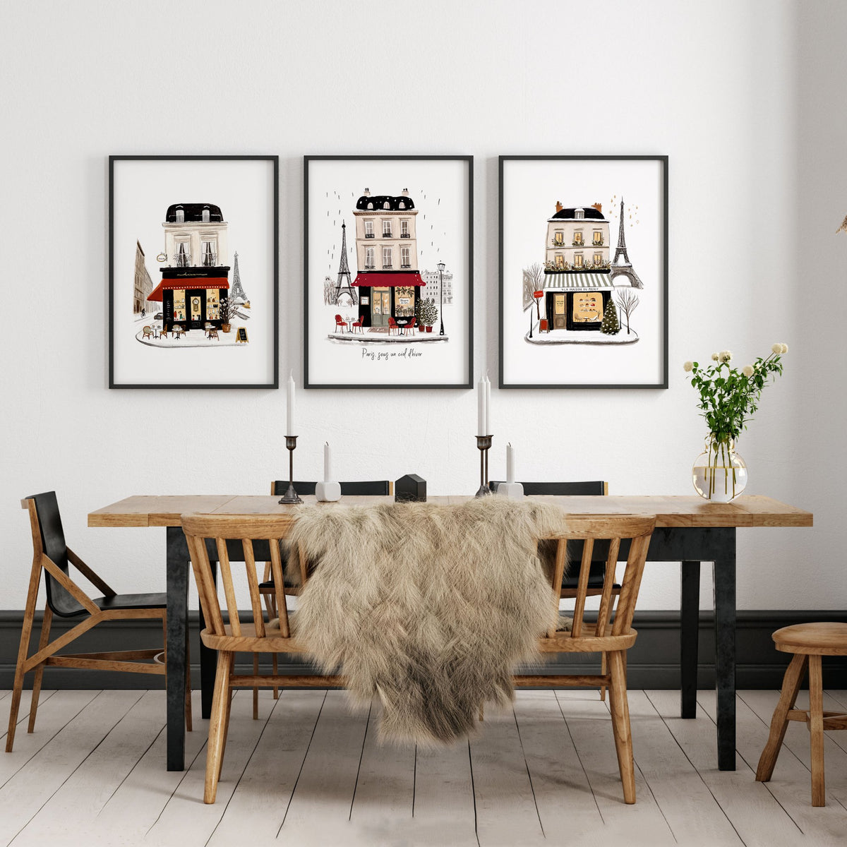Paris Wall Pictures | Beige, Black & Red Winter Street Scene Art wall art displayed on a wall in a styled room — view 6