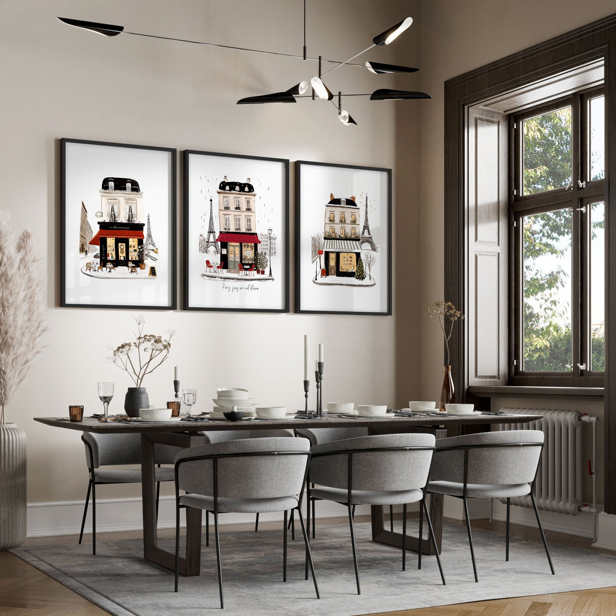 Paris Wall Pictures | Beige, Black & Red Winter Street Scene Art wall art displayed on a wall in a styled room — view 7