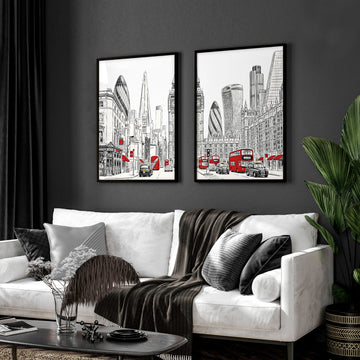Wall Pictures Living Room London Skyline Black, White & Red Art wall art displayed on a wall in a styled room