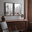 Wall Pictures Living Room London Skyline Black, White & Red Art wall art displayed on a wall in a styled room — view 2