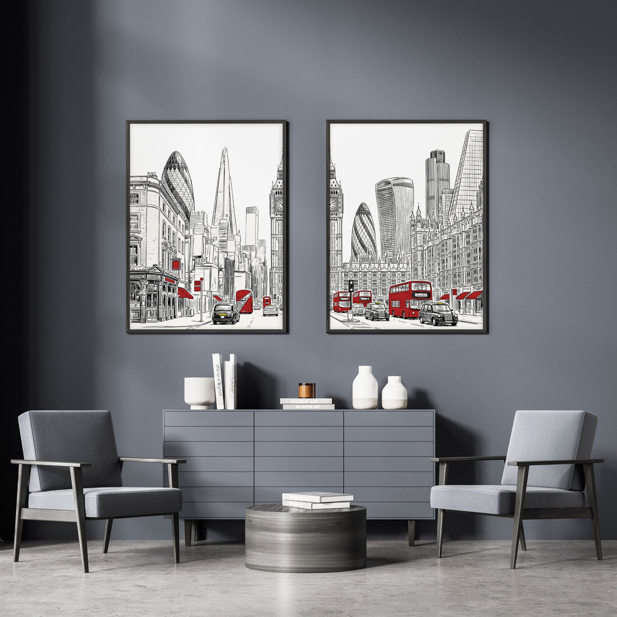 Wall Pictures Living Room London Skyline Black, White & Red Art wall art displayed on a wall in a styled room — view 3