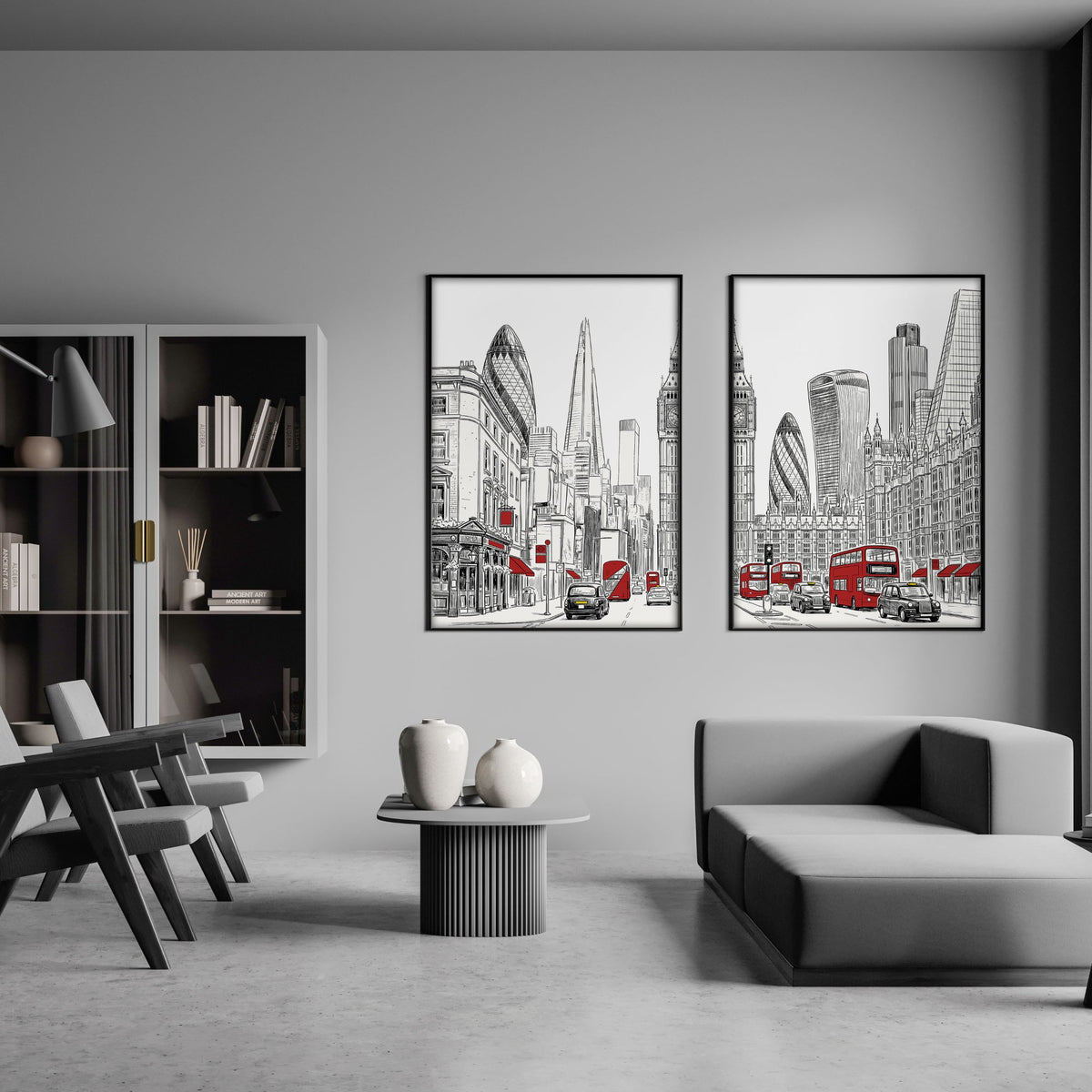 Wall Pictures Living Room London Skyline Black, White & Red Art wall art displayed on a wall in a styled room — view 4