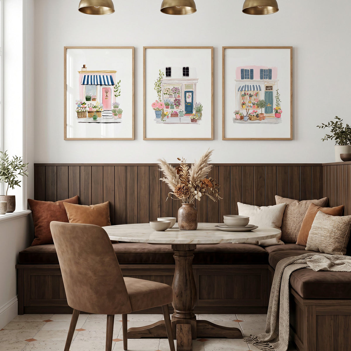Wall wall art Blue Flower Shop Country Cottage Watercolour Art displayed on a wall in a styled room