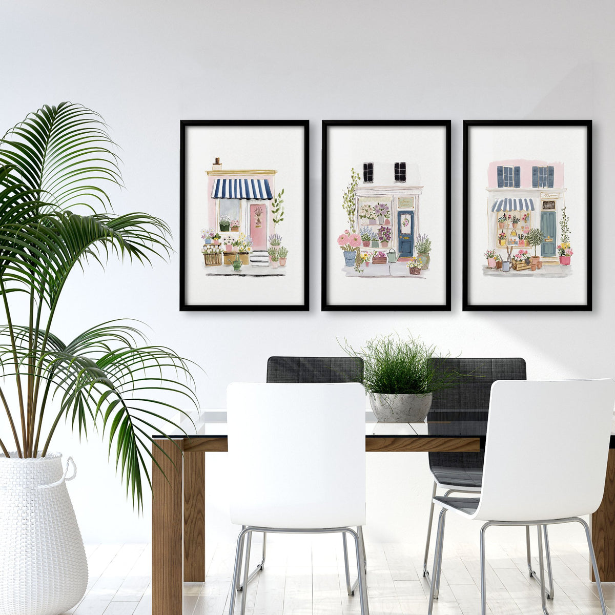 Wall wall art Blue Flower Shop Country Cottage Watercolour Art displayed on a wall in a styled room — view 2