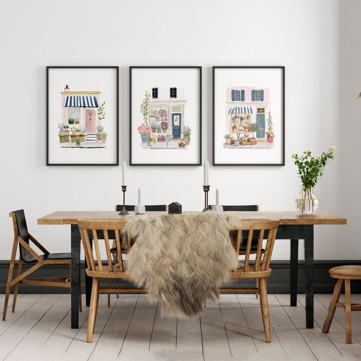 Wall wall art Blue Flower Shop Country Cottage Watercolour Art displayed on a wall in a styled room — view 4
