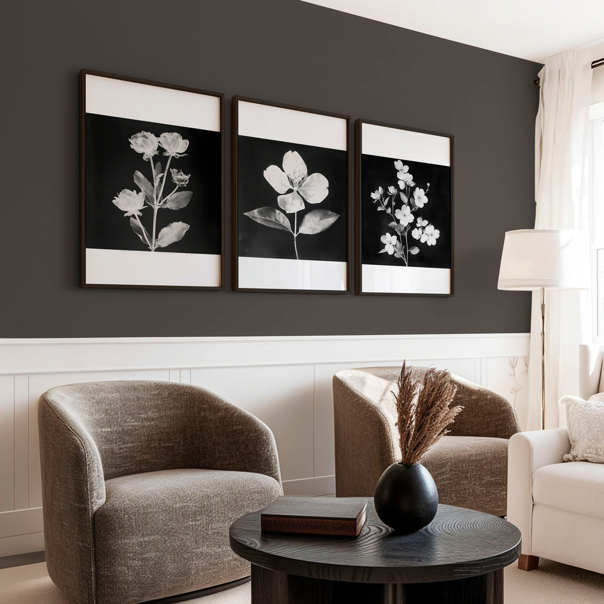 Wall wall art for Living Room Black & White Botanical Florals French Country displayed on a wall in a styled room