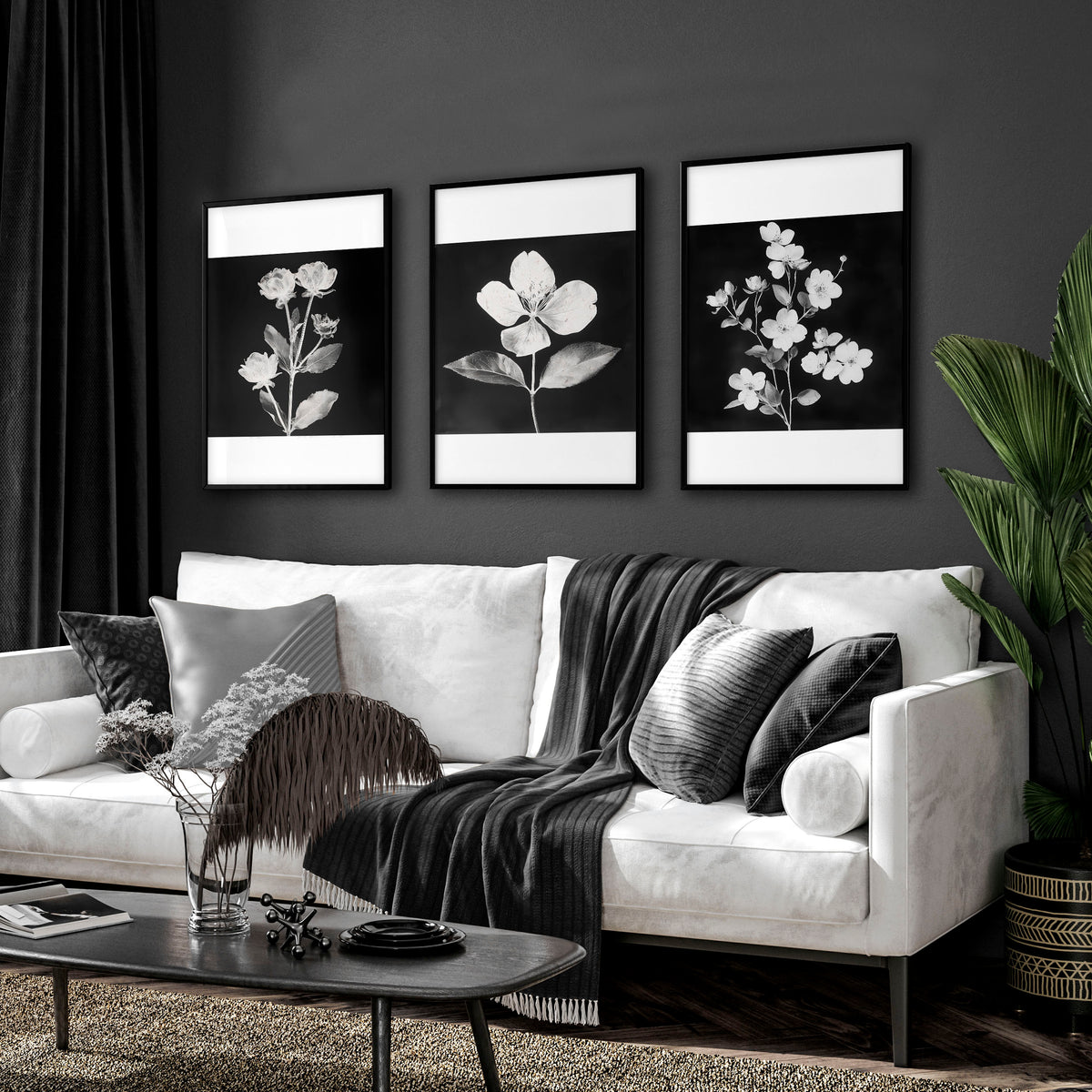 Wall wall art for Living Room Black & White Botanical Florals French Country displayed on a wall in a styled room — view 10