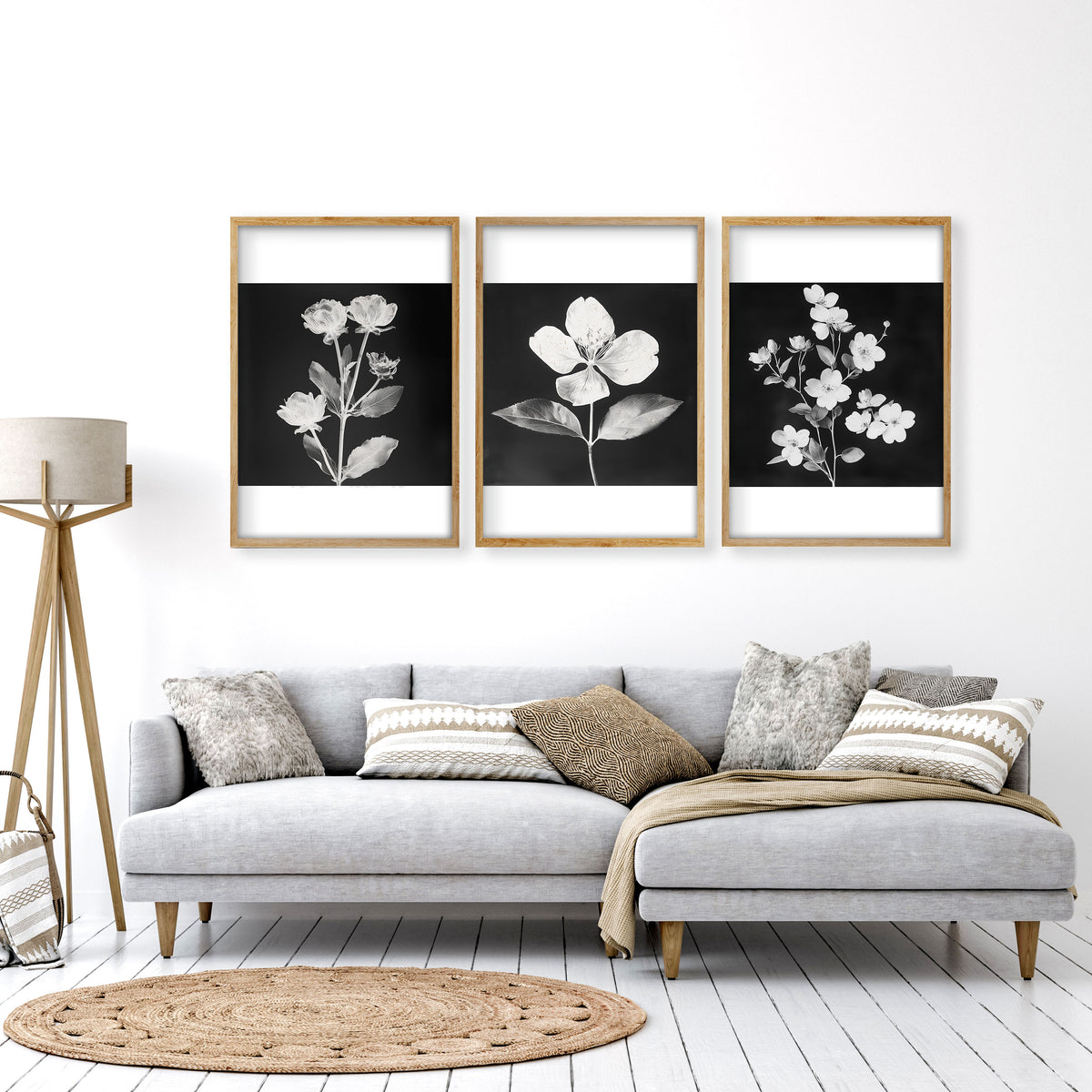 Wall wall art for Living Room Black & White Botanical Florals French Country displayed on a wall in a styled room — view 11