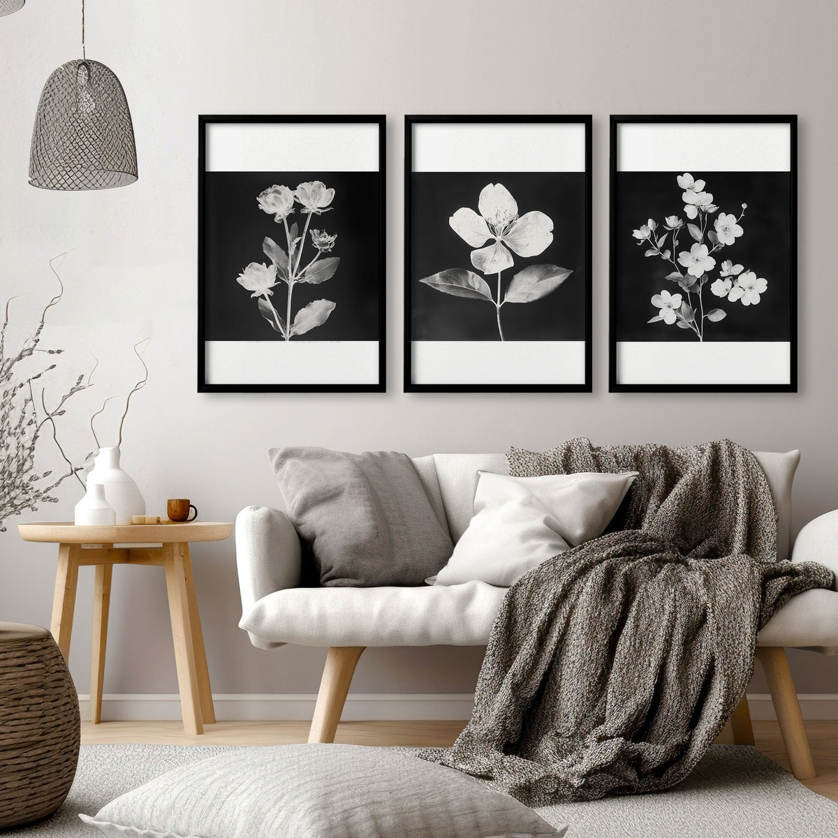 Wall wall art for Living Room Black & White Botanical Florals French Country displayed on a wall in a styled room — view 13