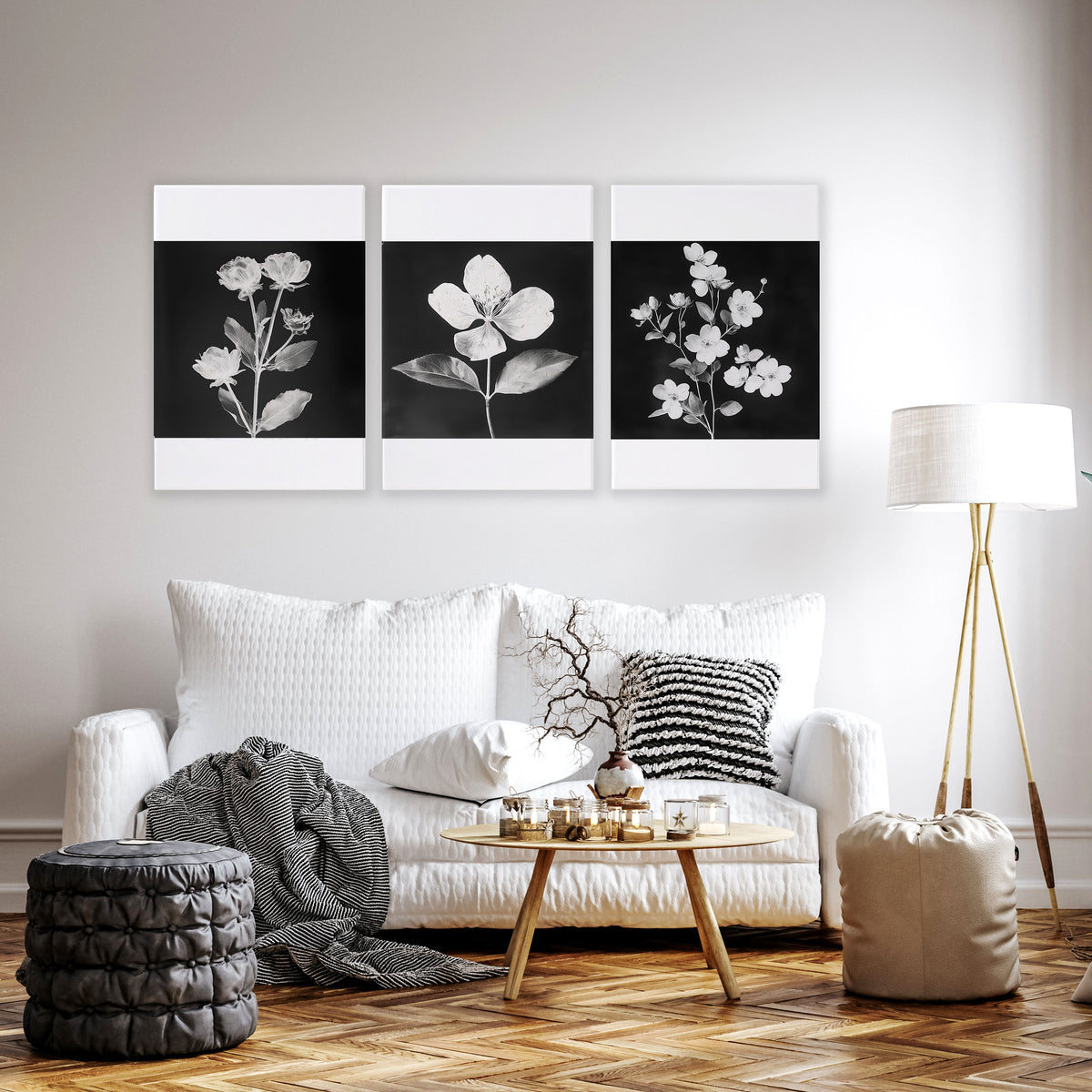 Wall wall art for Living Room Black & White Botanical Florals French Country displayed on a wall in a styled room — view 14