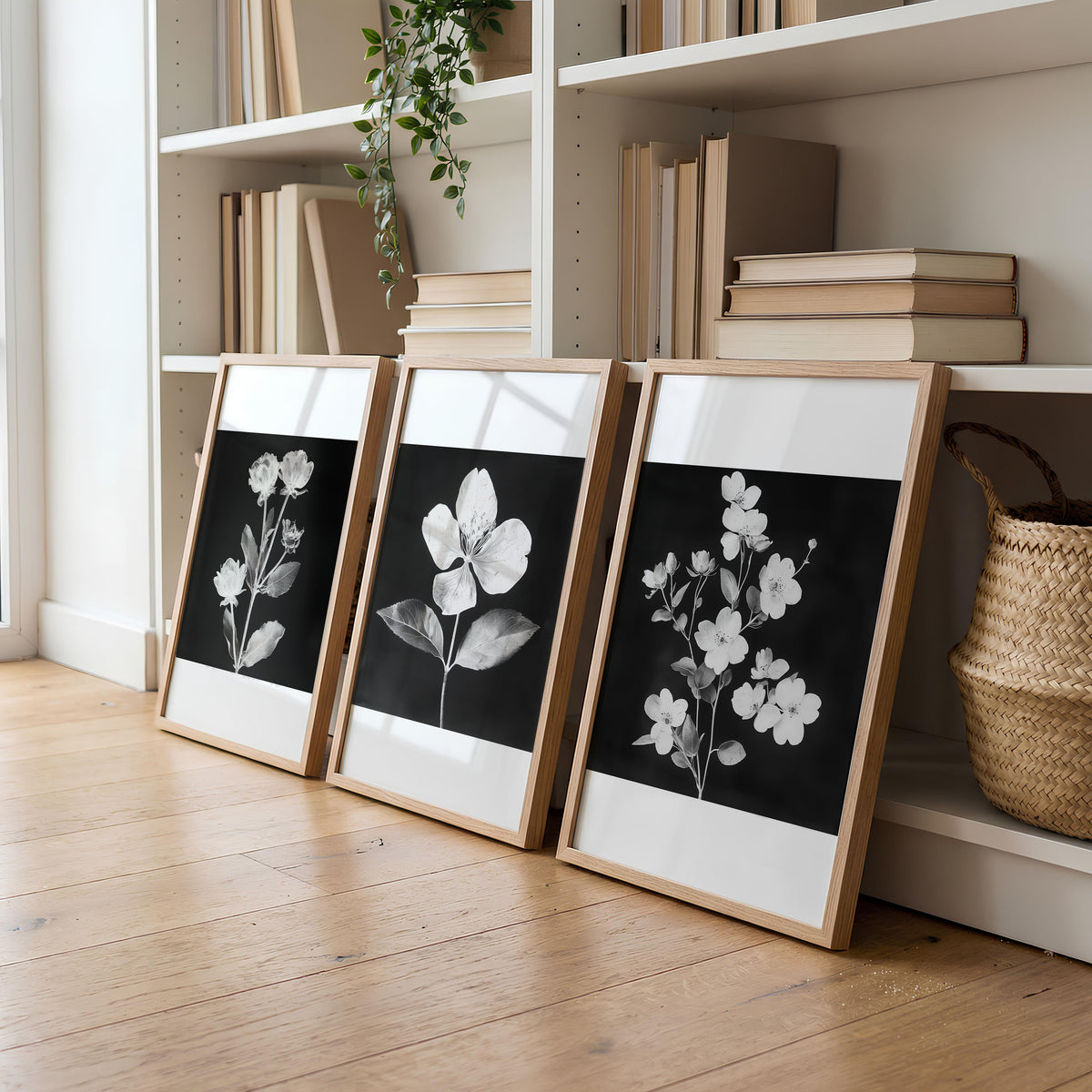 Wall wall art for Living Room Black & White Botanical Florals French Country displayed on a wall in a styled room — view 2