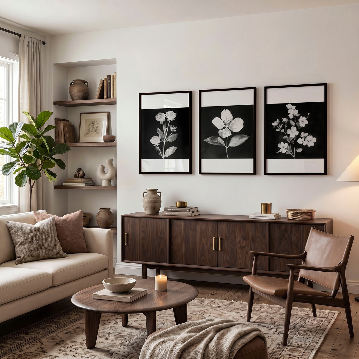 Wall wall art for Living Room Black & White Botanical Florals French Country displayed on a wall in a styled room — view 3
