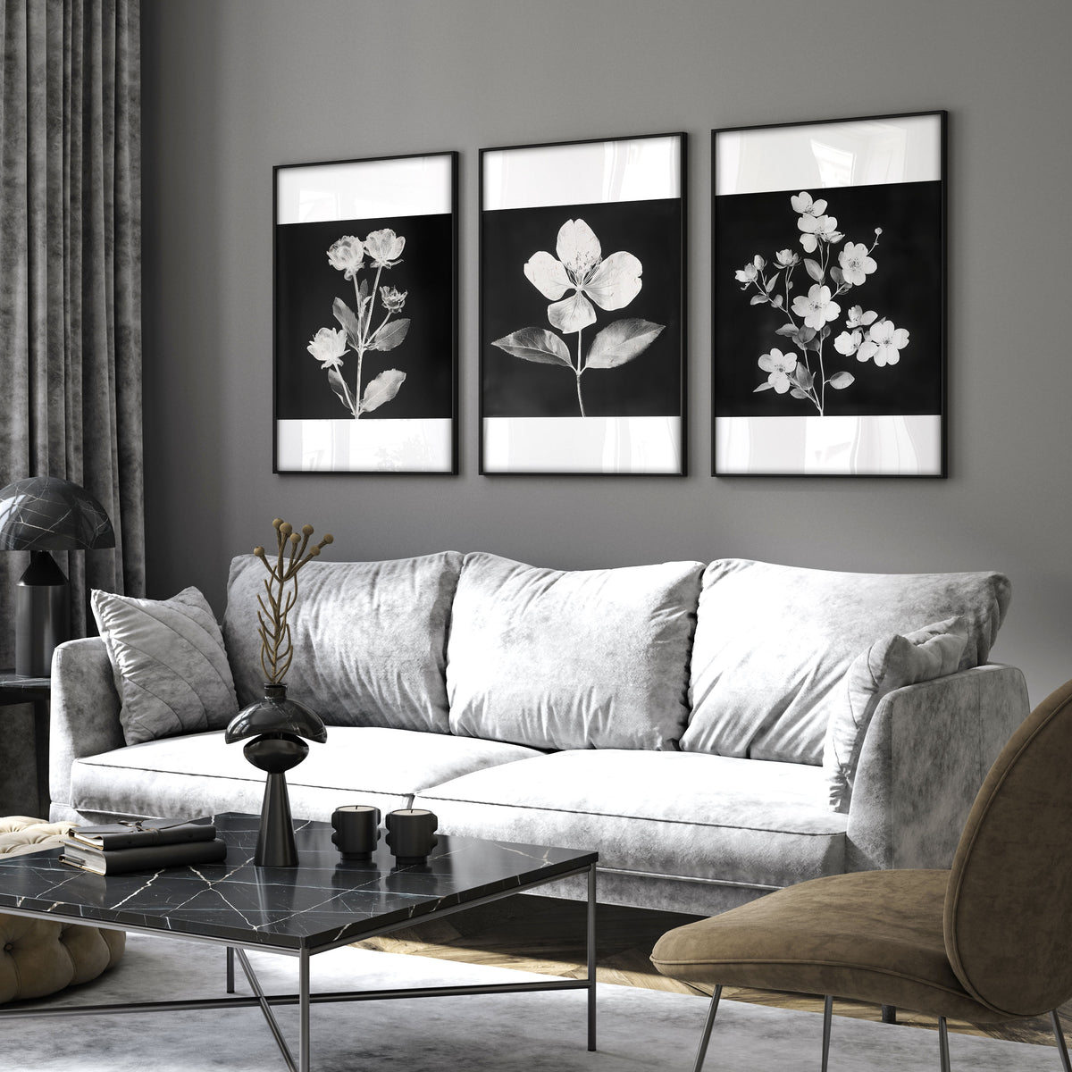 Wall wall art for Living Room Black & White Botanical Florals French Country displayed on a wall in a styled room — view 4