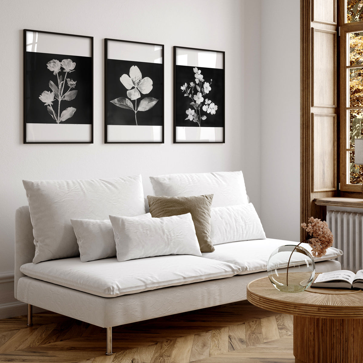 Wall wall art for Living Room Black & White Botanical Florals French Country displayed on a wall in a styled room — view 6