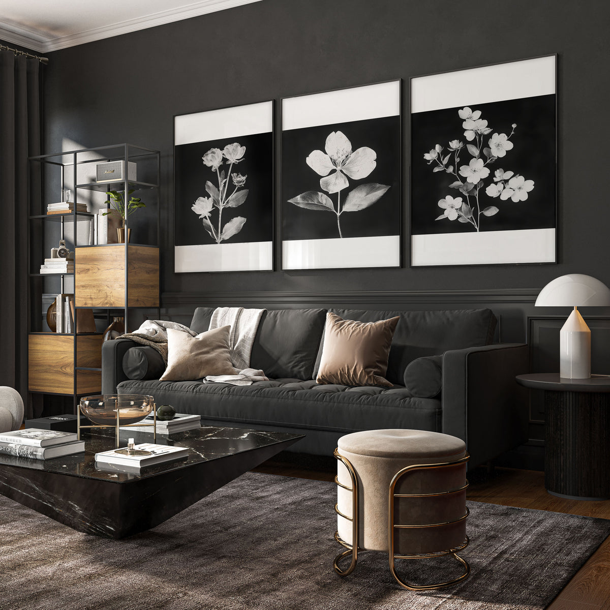 Wall wall art for Living Room Black & White Botanical Florals French Country displayed on a wall in a styled room — view 7