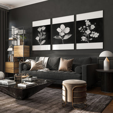 Wall wall art for Living Room Black & White Botanical Florals French Country displayed on a wall in a styled room — view 7