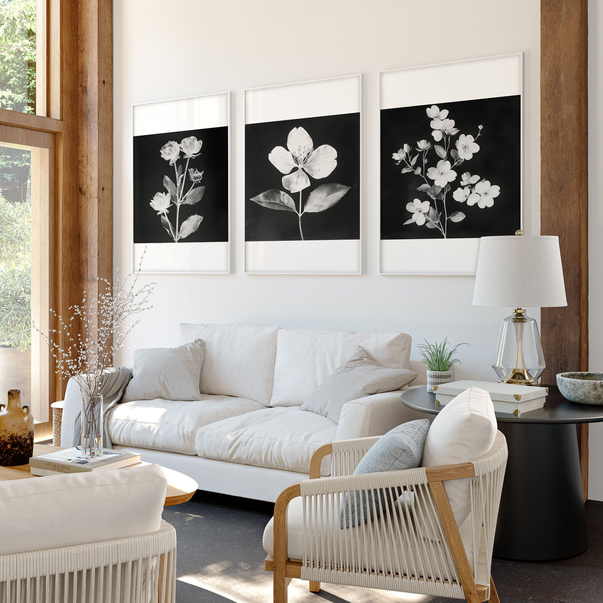 Wall wall art for Living Room Black & White Botanical Florals French Country displayed on a wall in a styled room — view 8