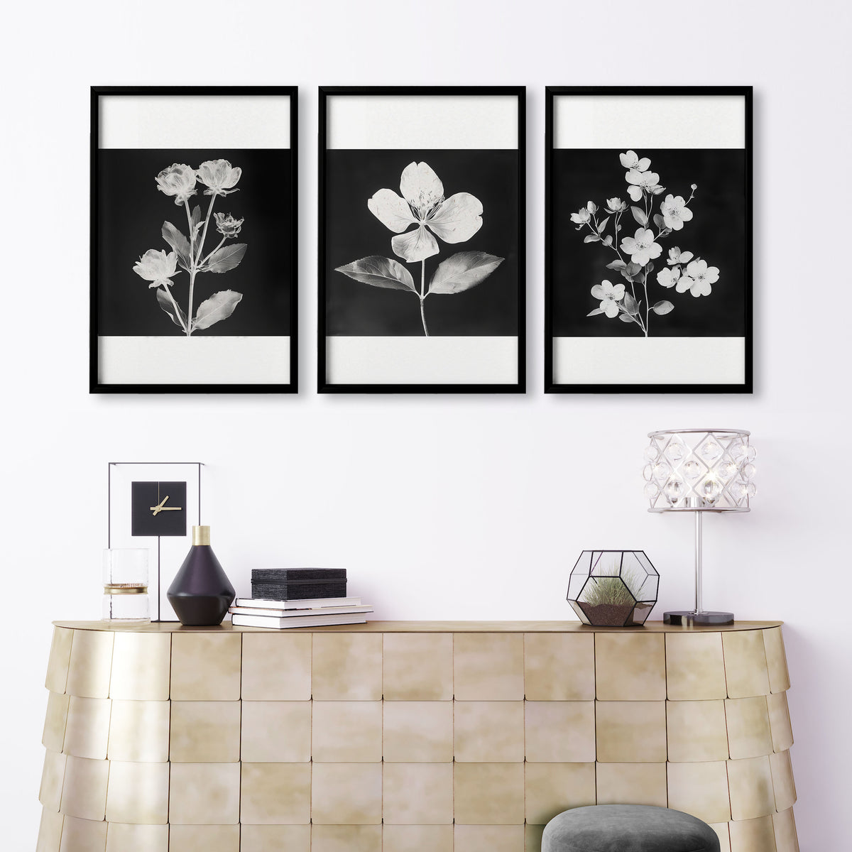 Wall wall art for Living Room Black & White Botanical Florals French Country displayed on a wall in a styled room — view 9