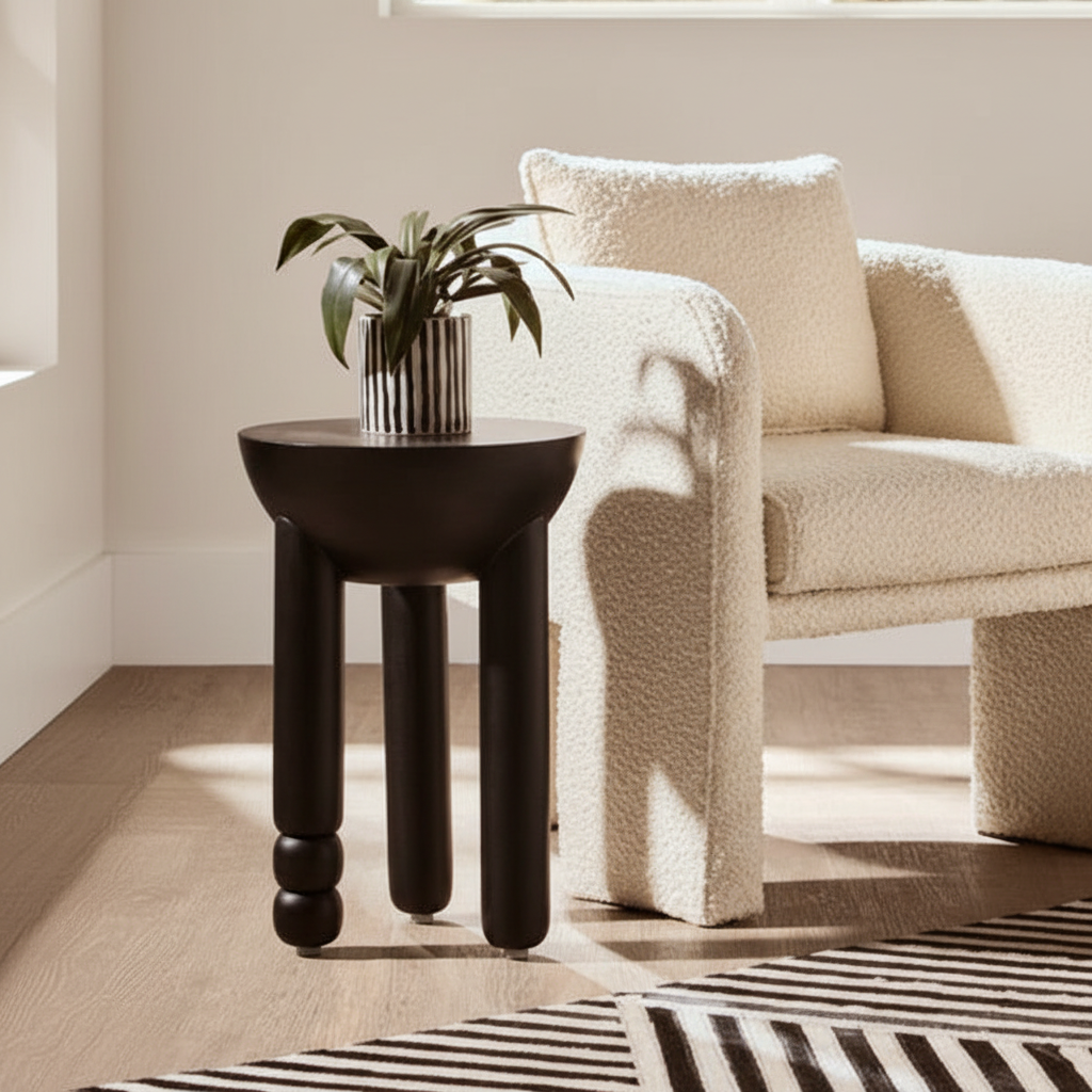 Walsa Black Finish Mango Wood Column Detail Round Side Table