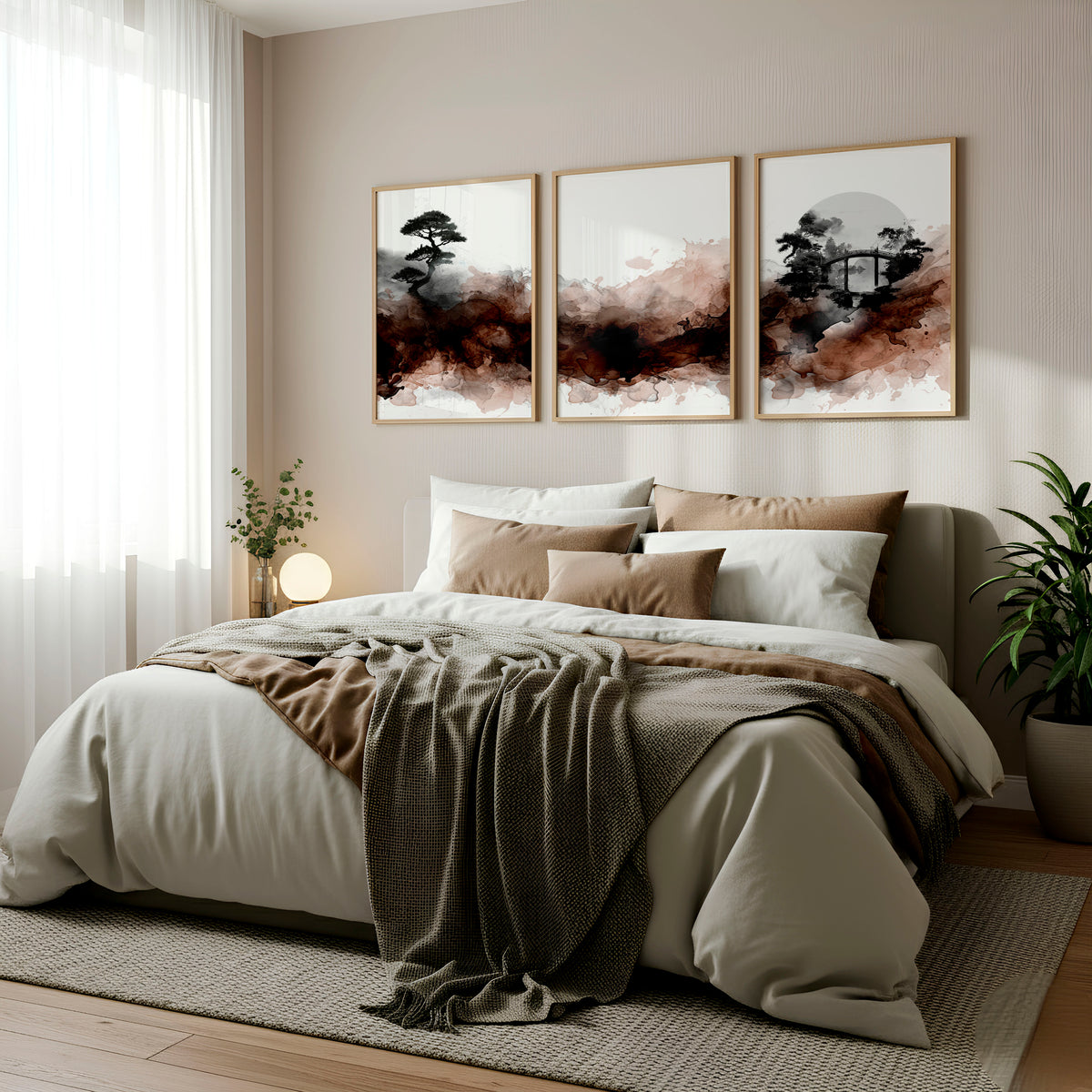 Watercolour Paintings Japanese Landscape Bonsai Tree & Bridge wall art displayed on a wall in a styled room — view 2