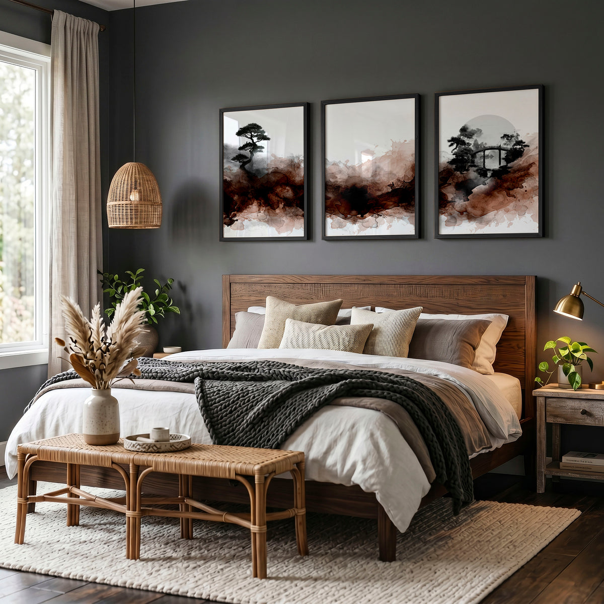 Watercolour Paintings Japanese Landscape Bonsai Tree & Bridge wall art displayed on a wall in a styled room — view 4