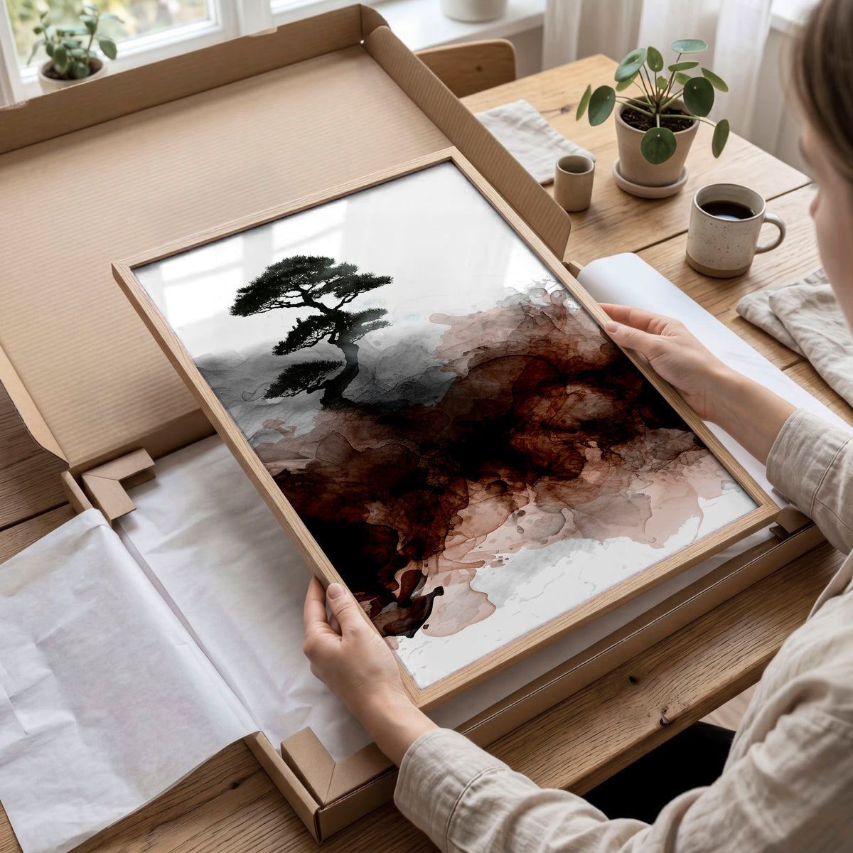 Watercolour Paintings Japanese Landscape Bonsai Tree & Bridge wall art displayed on a wall in a styled room — view 9