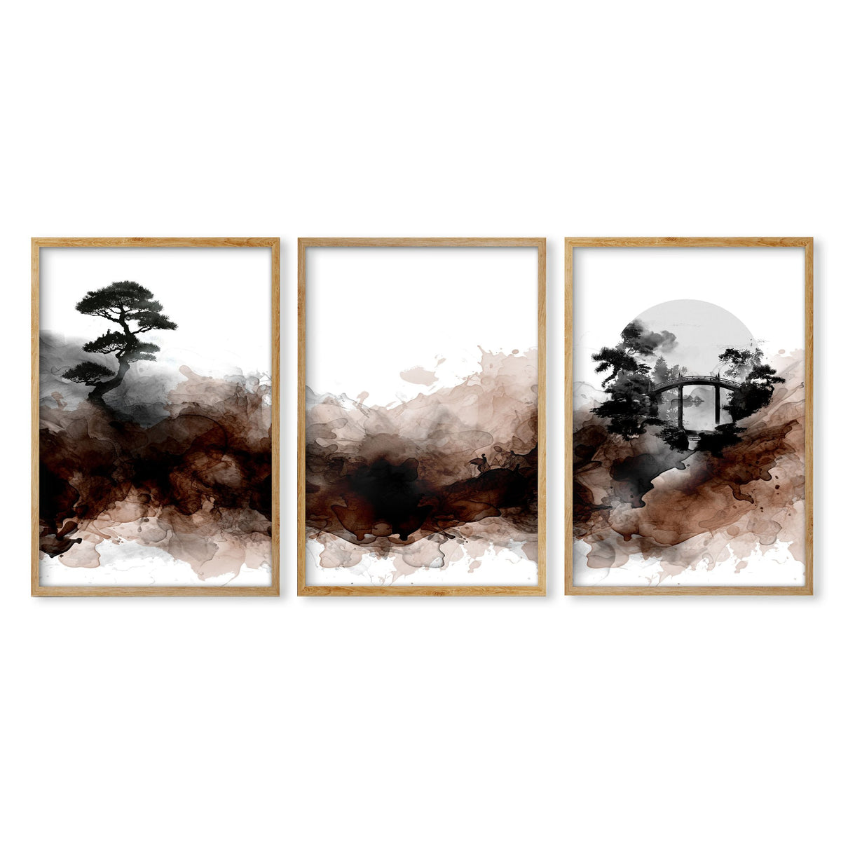 Watercolour Paintings Japanese Landscape Bonsai Tree & Bridge wall art in an oak frame