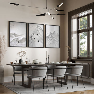 White Wall Art Scandi Mountain Climbers Landscape Art wall art displayed on a wall in a styled room