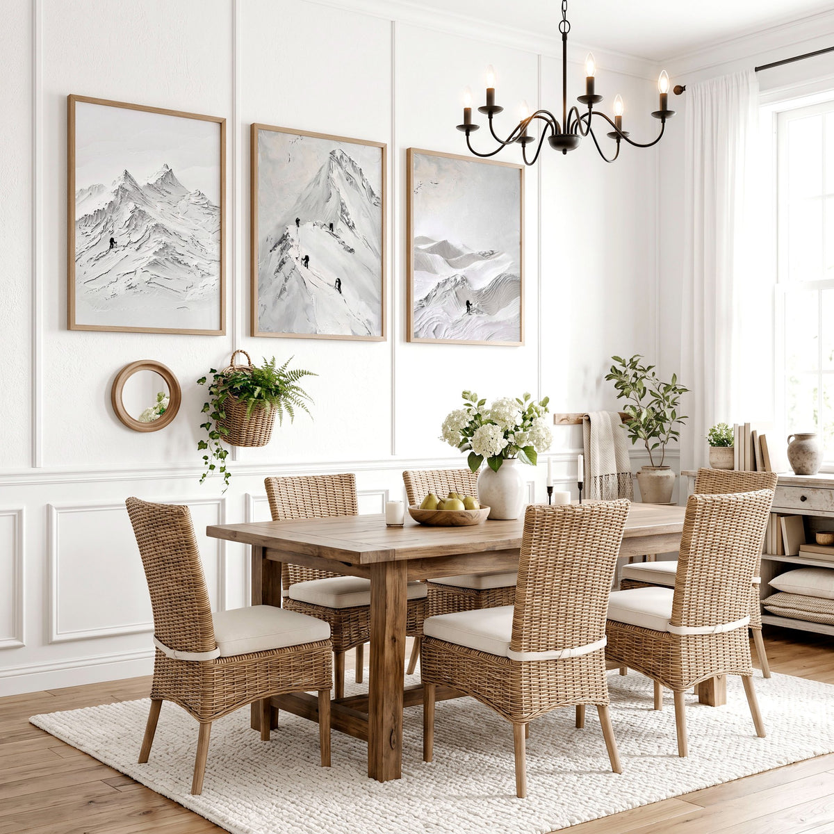 White Wall Art Scandi Mountain Climbers Landscape Art wall art displayed on a wall in a styled room — view 4