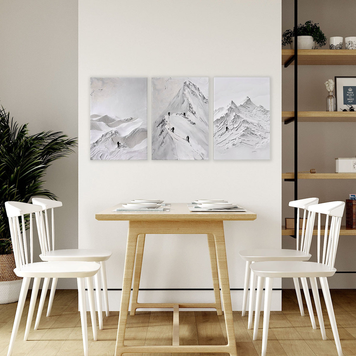 White Wall Art Scandi Mountain Climbers Landscape Art wall art displayed on a wall in a styled room — view 7