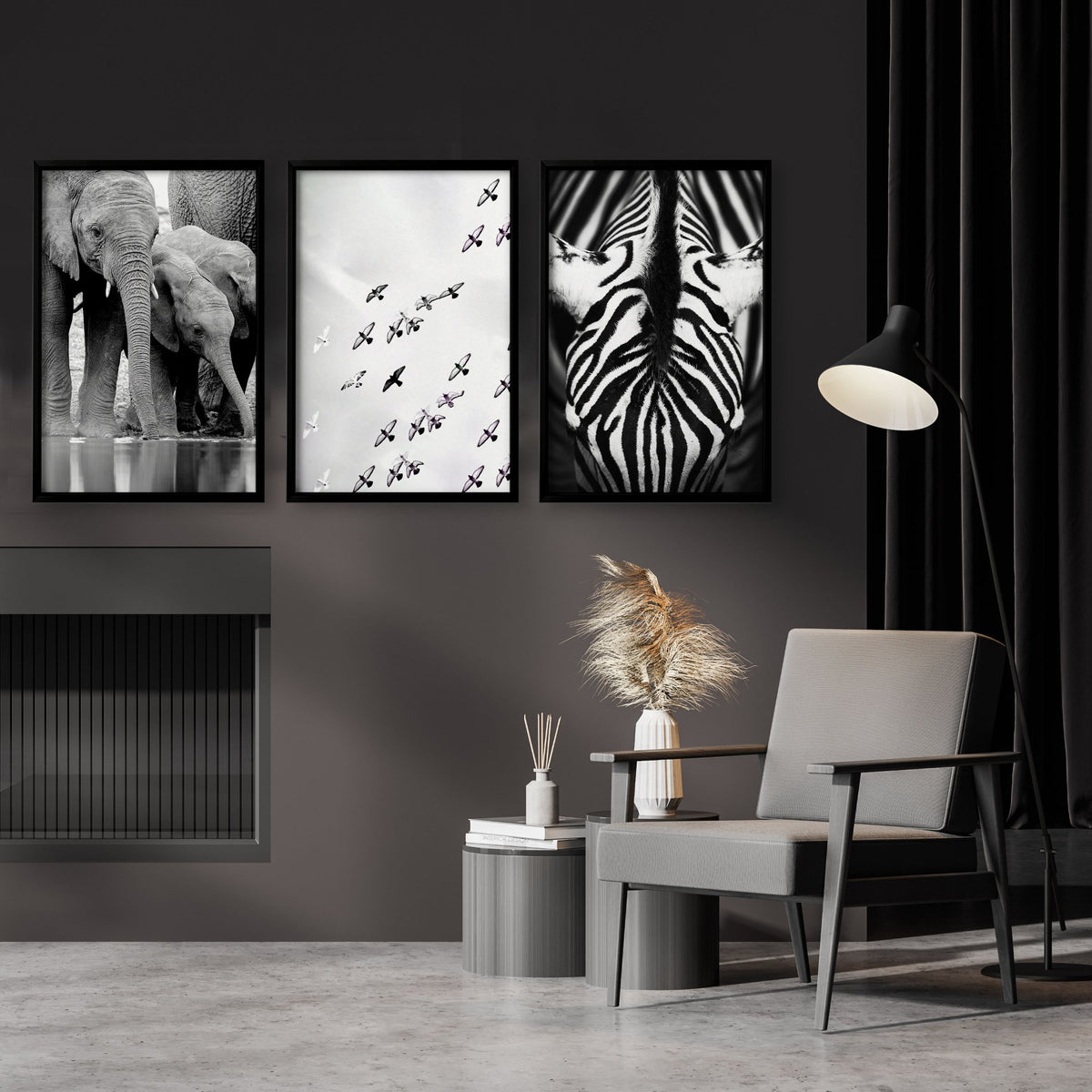 Wildlife Art wall art Black & White Safari — Elephants, Birds & Zebra displayed on a wall in a styled room — view 2