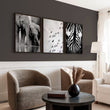 Wildlife Art wall art Black & White Safari — Elephants, Birds & Zebra displayed on a wall in a styled room — view 3