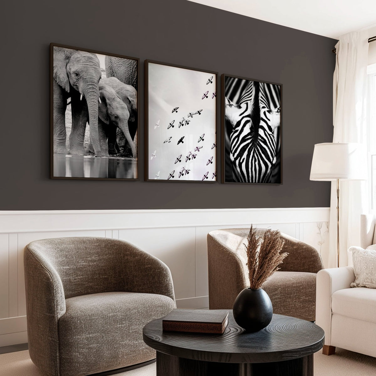 Wildlife Art wall art Black & White Safari — Elephants, Birds & Zebra displayed on a wall in a styled room — view 3
