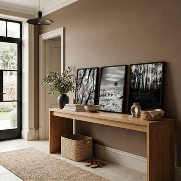 Wildlife Wall Art Black and White Forest Photography displayed on a wall in a styled room