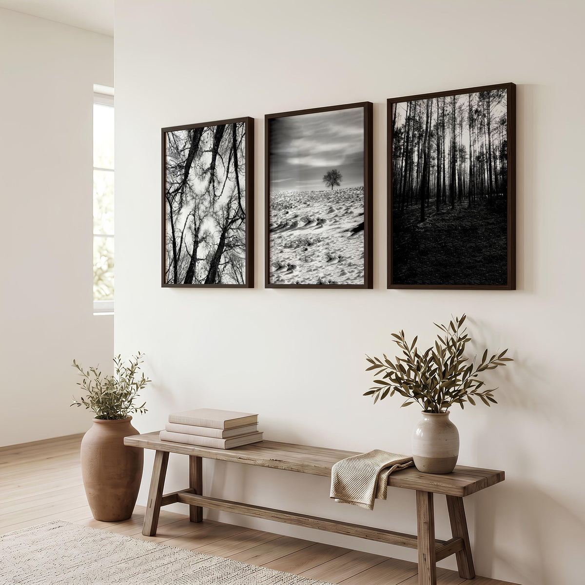 Wildlife Wall Art Black and White Forest Photography displayed on a wall in a styled room — view 2