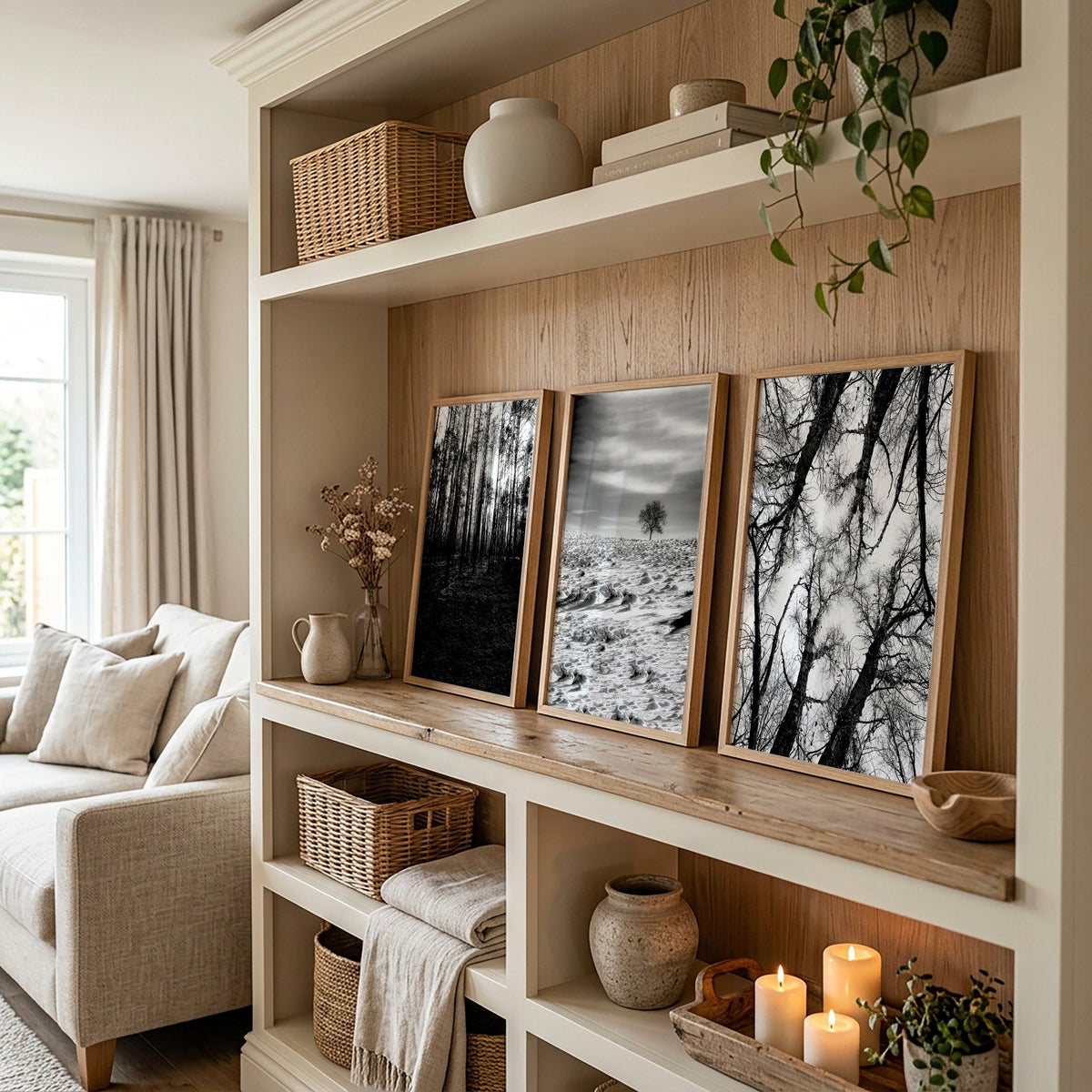 Wildlife Wall Art Black and White Forest Photography displayed on a wall in a styled room — view 4