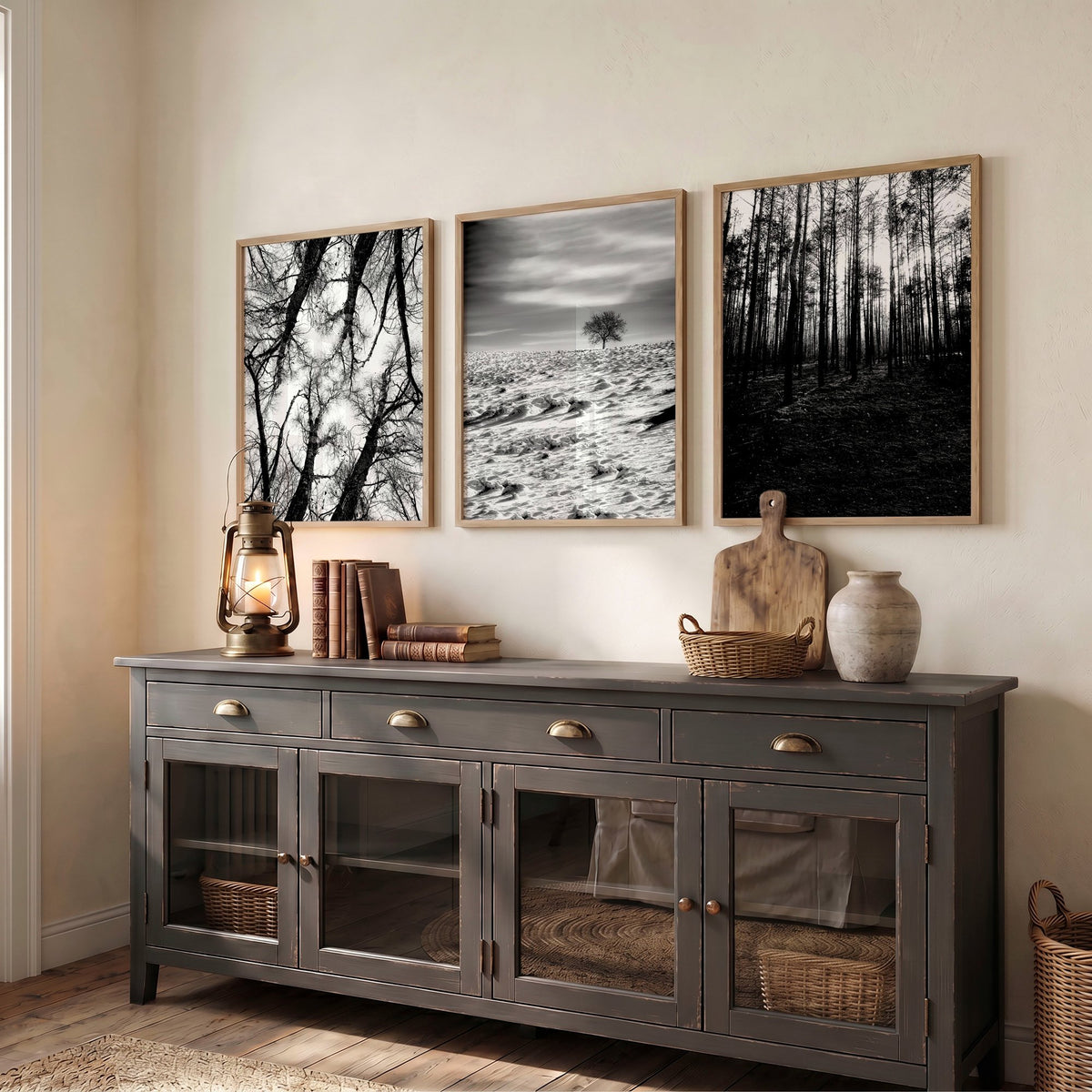 Wildlife Wall Art Black and White Forest Photography displayed on a wall in a styled room — view 6