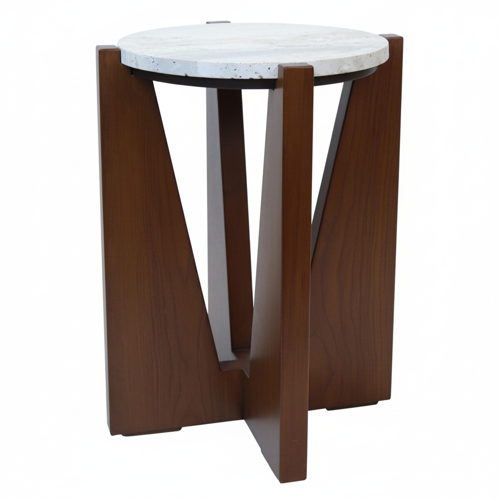 Winton Travertine Top Side Table With Acacia Wood Frame