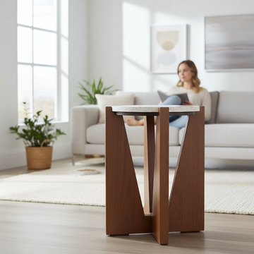 Winton Travertine Top Side Table With Acacia Wood Frame