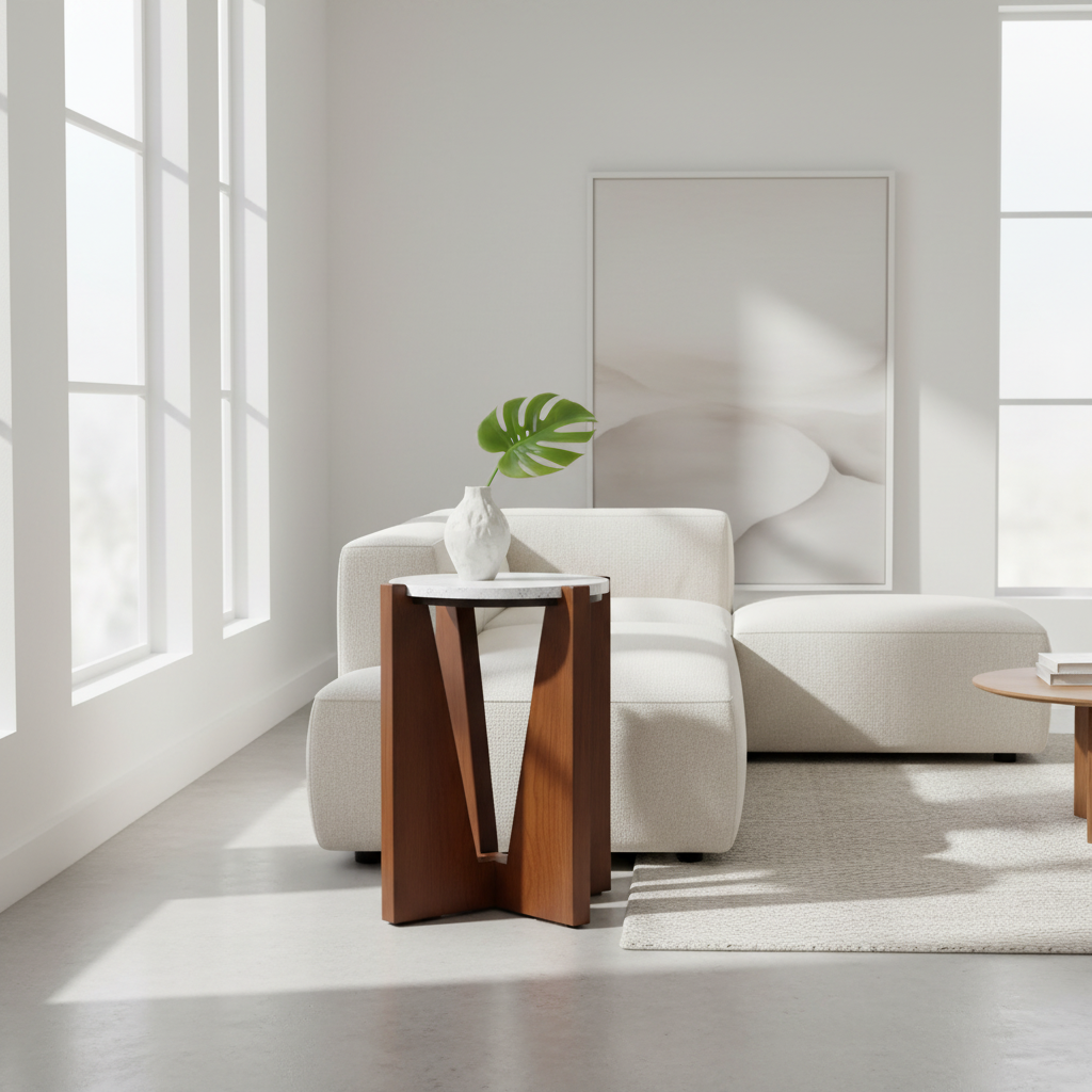 Winton Travertine Top Side Table With Acacia Wood Frame