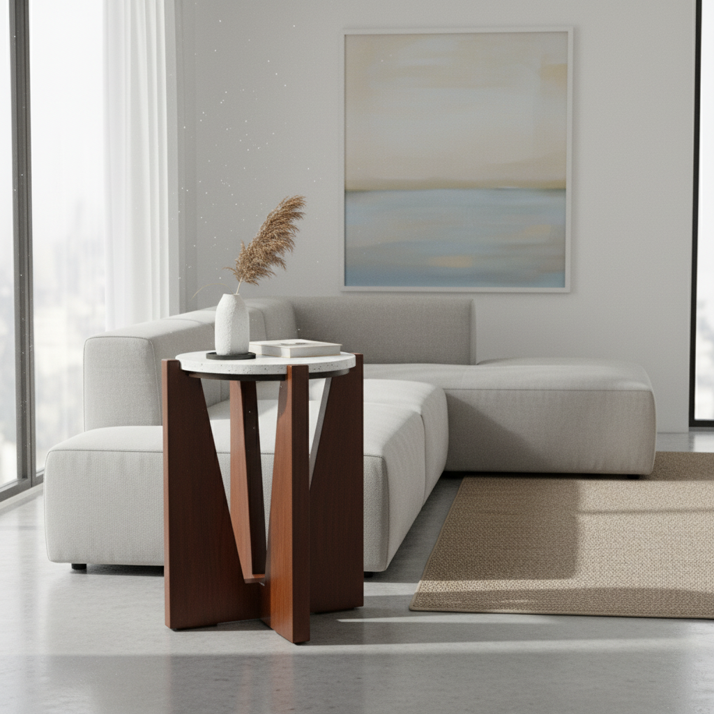 Winton Travertine Top Side Table With Acacia Wood Frame