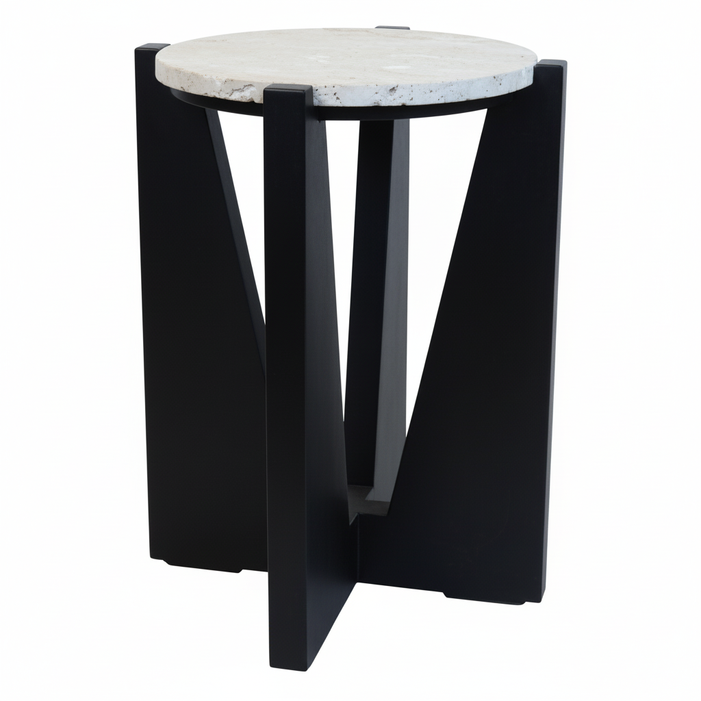 Winton Travertine Top Side Table With Black Acacia Wood Frame