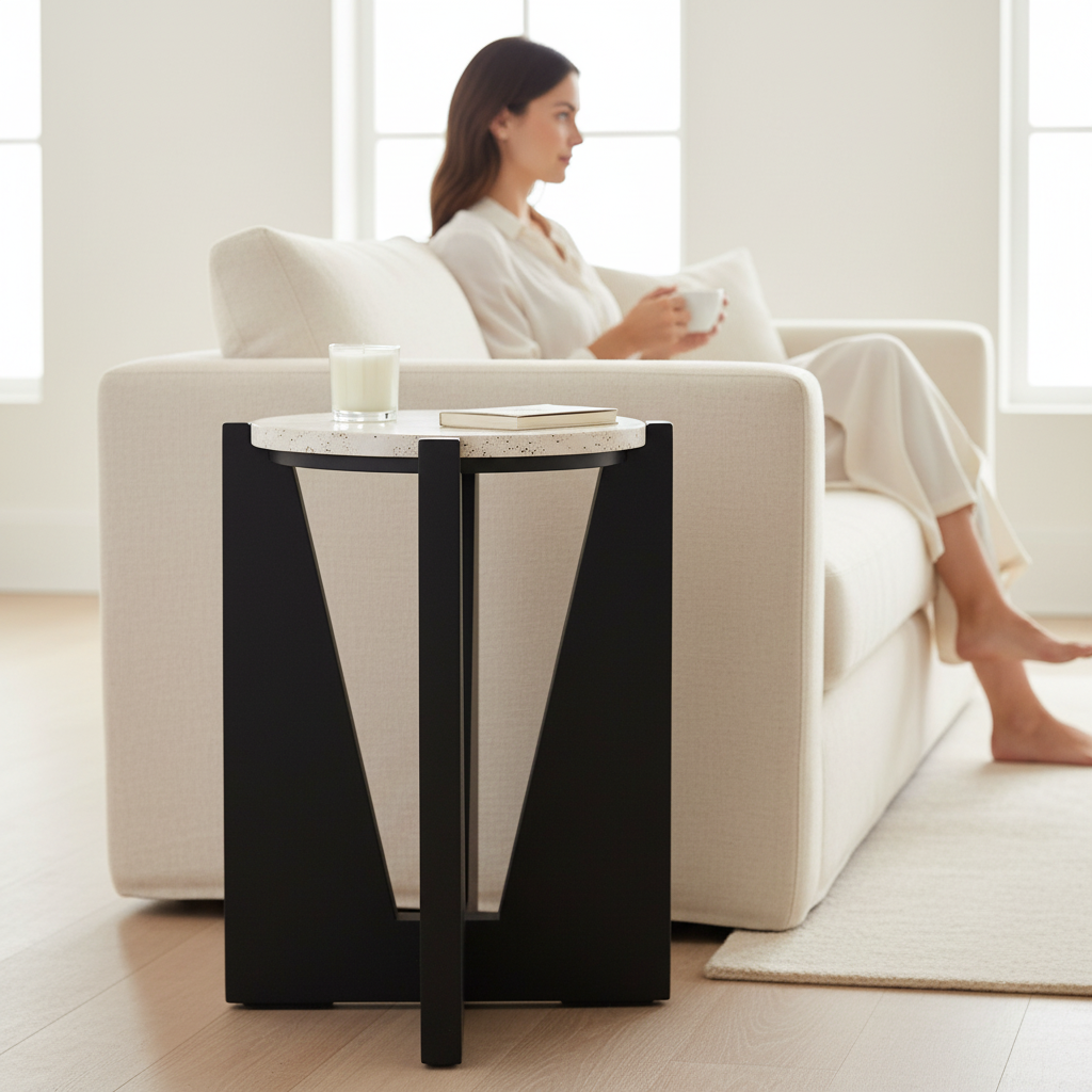 Winton Travertine Top Side Table With Black Acacia Wood Frame