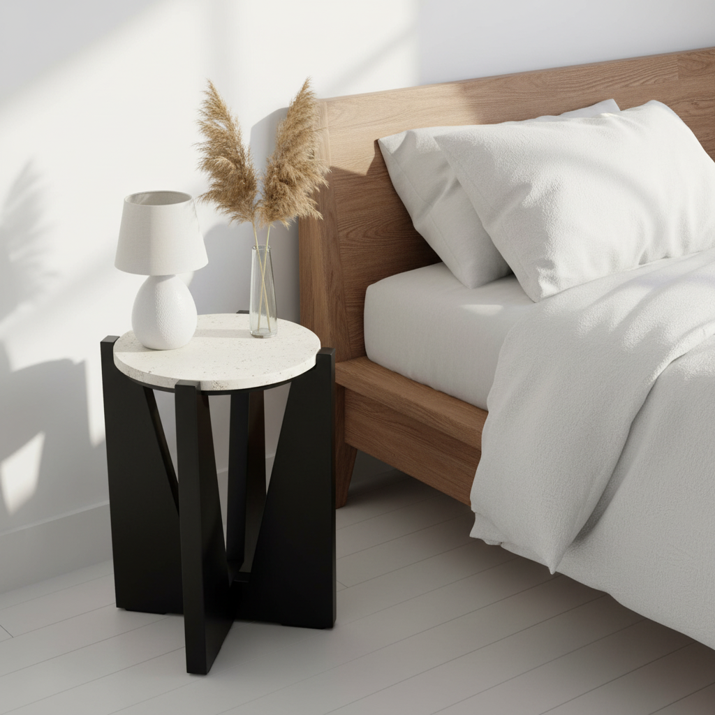 Winton Travertine Top Side Table With Black Acacia Wood Frame