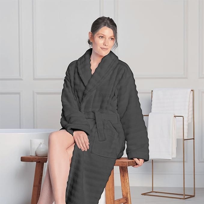 Women's Hydro Ribbed Ultra Soft 100% Cotton Hooded Bath Robes with Pockets and Belt Luxury Terry Towelling Loungewear Sleepwear in White and Grey