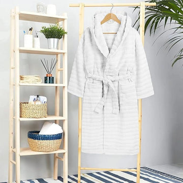 Women's Hydro Ribbed Ultra Soft 100% Cotton Hooded Bath Robes with Pockets and Belt Luxury Terry Towelling Loungewear Sleepwear in White and Grey