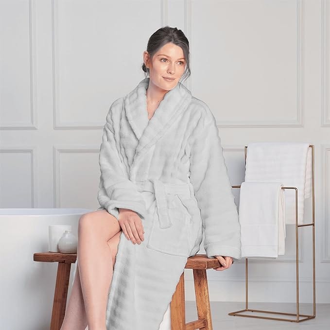 Women's Hydro Ribbed Ultra Soft 100% Cotton Hooded Bath Robes with Pockets and Belt Luxury Terry Towelling Loungewear Sleepwear in White and Grey