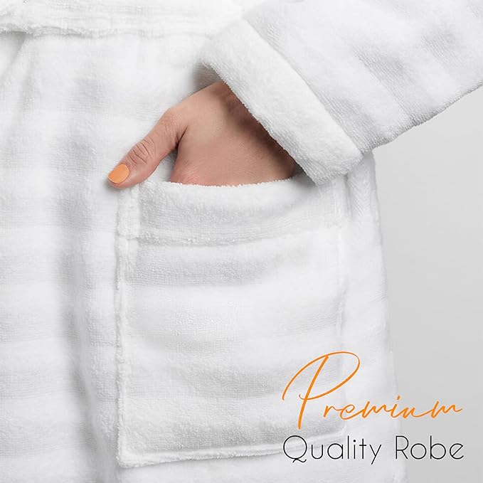 Women's Hydro Ribbed Ultra Soft 100% Cotton Hooded Bath Robes with Pockets and Belt Luxury Terry Towelling Loungewear Sleepwear in White and Grey